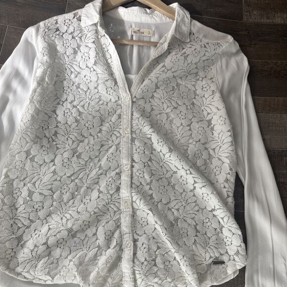 Hollister Shirt Womens Small White Lace Floral Long Sleeve Collared Button Down - Picture 7 of 10